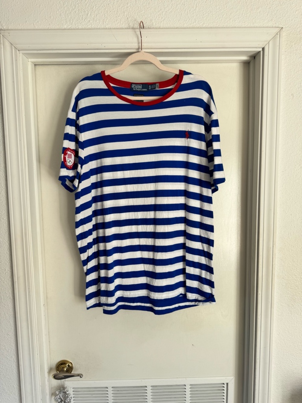 Polo by Ralph Lauren Blue &White Striped Short Sleeve Tee with Red Trim Team 🇺🇸